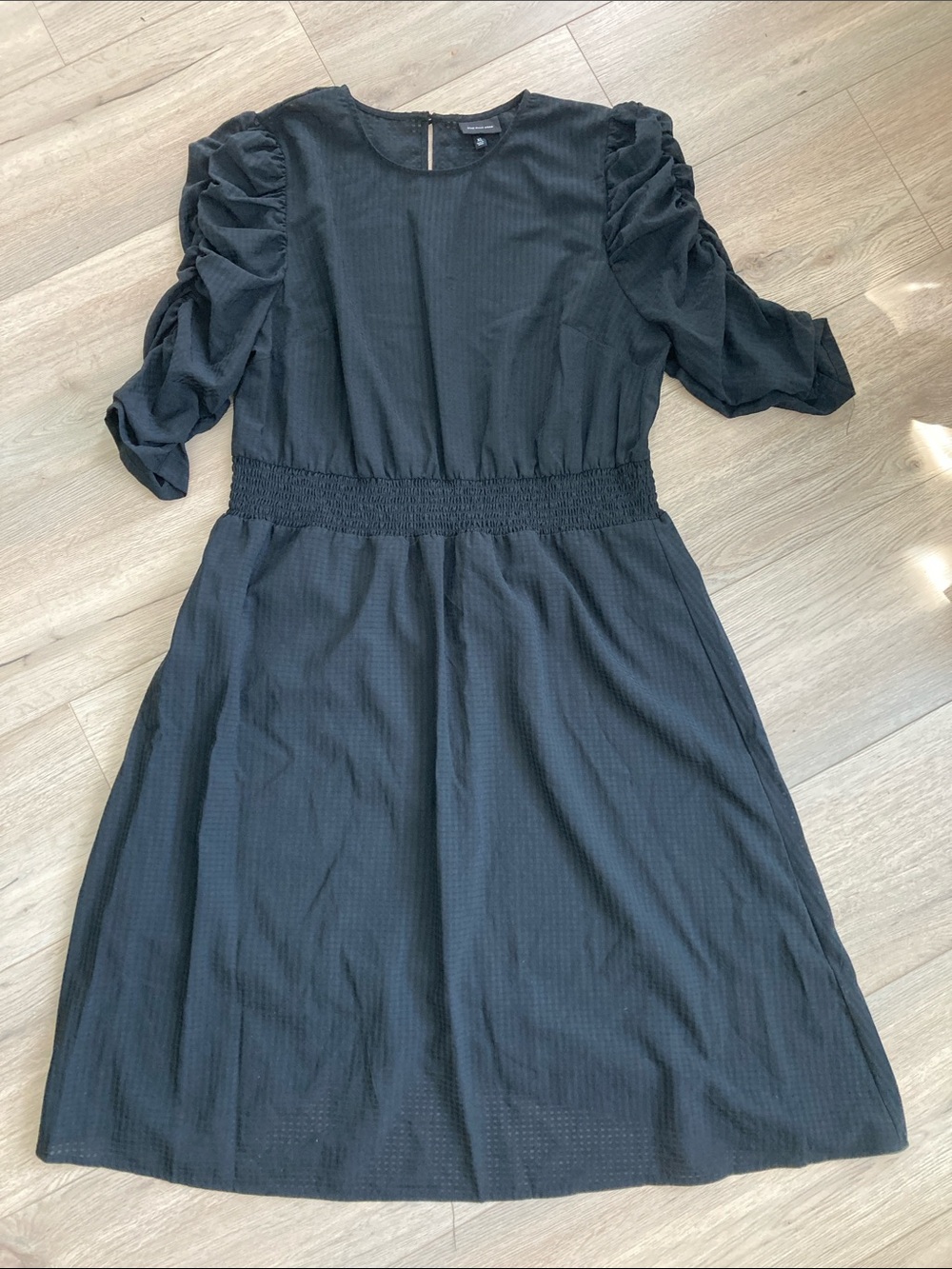 Black Puff-Sleeve Smocked Waist Dress - EUC